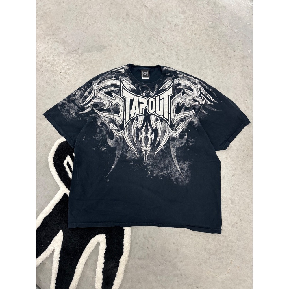 Vintage Tapout MMA Graphic T-Shirt Black 2XL Y2K Tribal All Over Print Mens